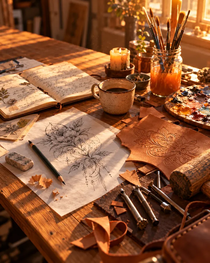 Arbeitstisch im Morgenlicht mit Tattoo-Skizze, geprägtem Leder, Pinseln und Notizbuch