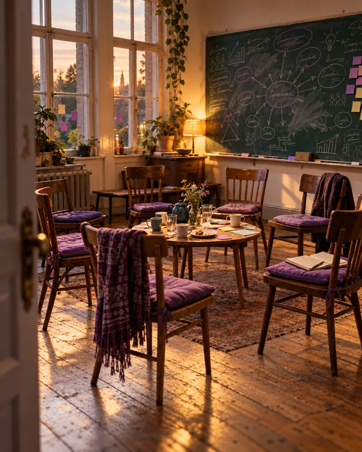 Leerer Seminarraum am Abend: Stühle mit violetten Kissen im Kreis, eine Kreidetafel voller Skizzen