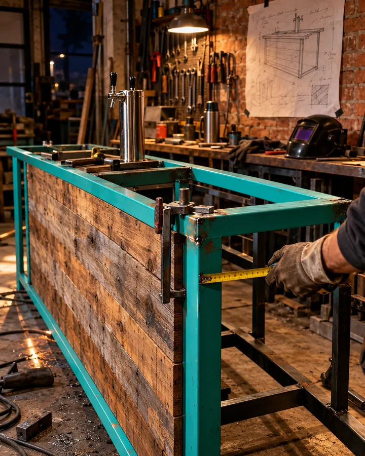 Werkstatt am Abend: halbfertige Schanktheke mit türkisem Stahlrahmen, eine Hand misst mit dem Maßband