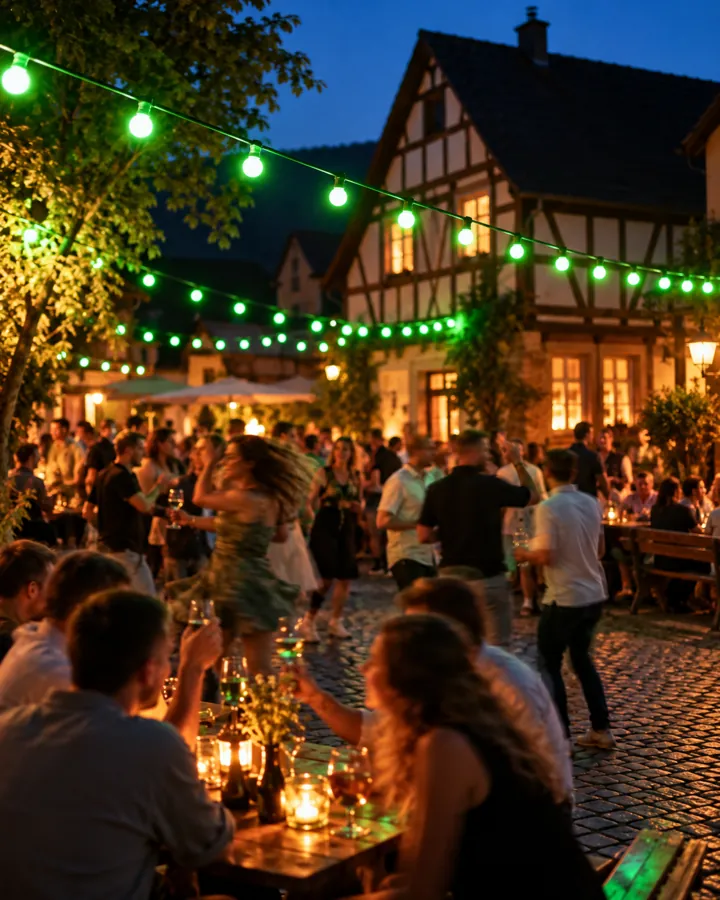 Dorffest unter grünen Lichterketten vor einem Fachwerkhaus