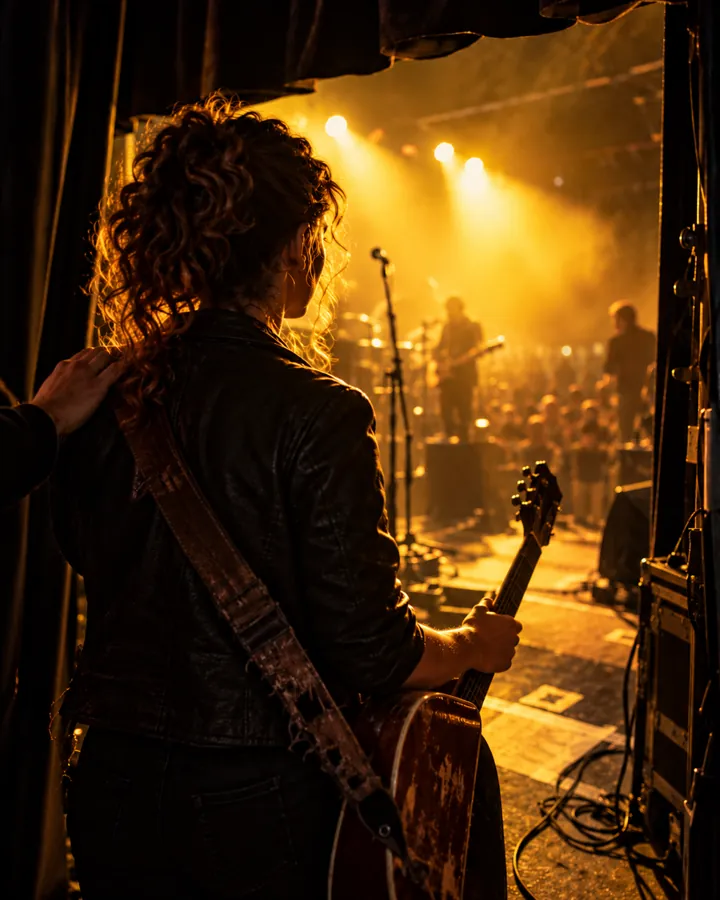 Eine Musikerin mit Gitarre steht hinter dem Vorhang und blickt ins gelbe Bühnenlicht, eine Hand liegt auf ihrer Schulter