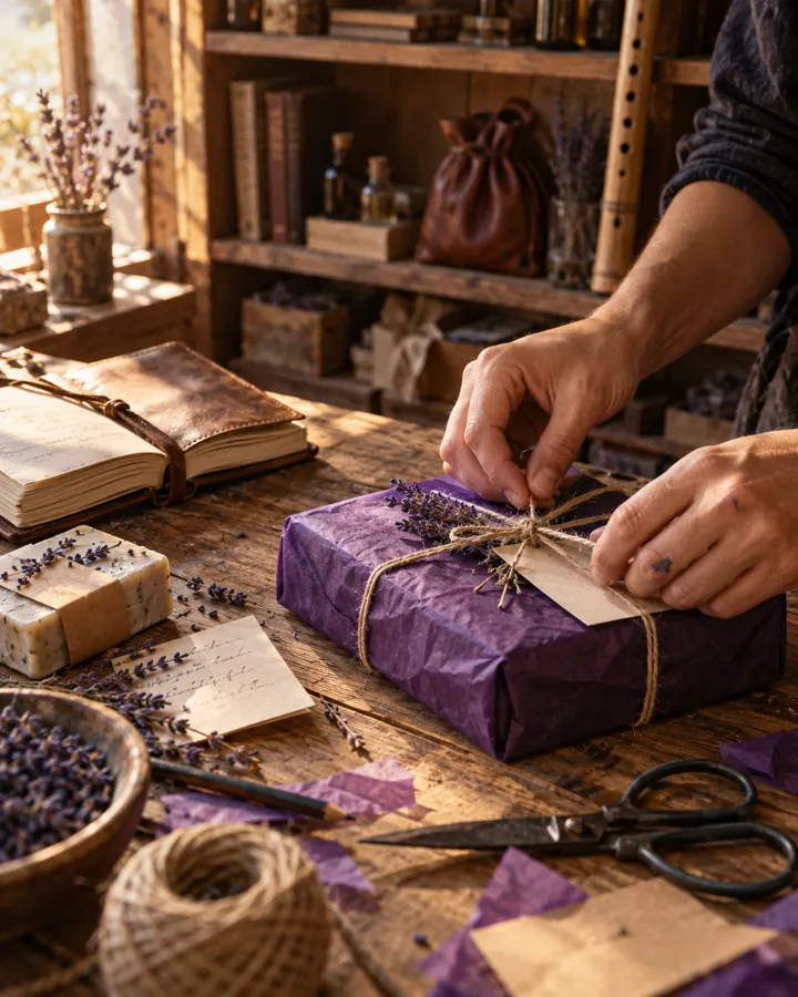 Hände binden ein in violettes Seidenpapier gewickeltes Päckchen mit Naturkordel zu
